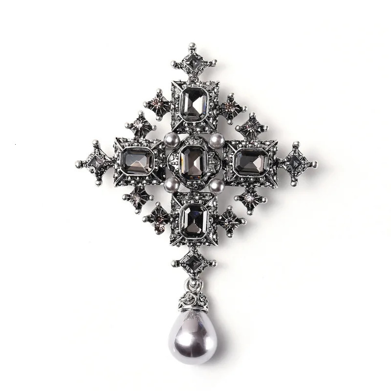 Baroque Pearl Cross Brooches For Women Men Vintage Metal Rhinestone Brooch Elegant Clothing Coat Pins Party Jewelry Gifts 240702