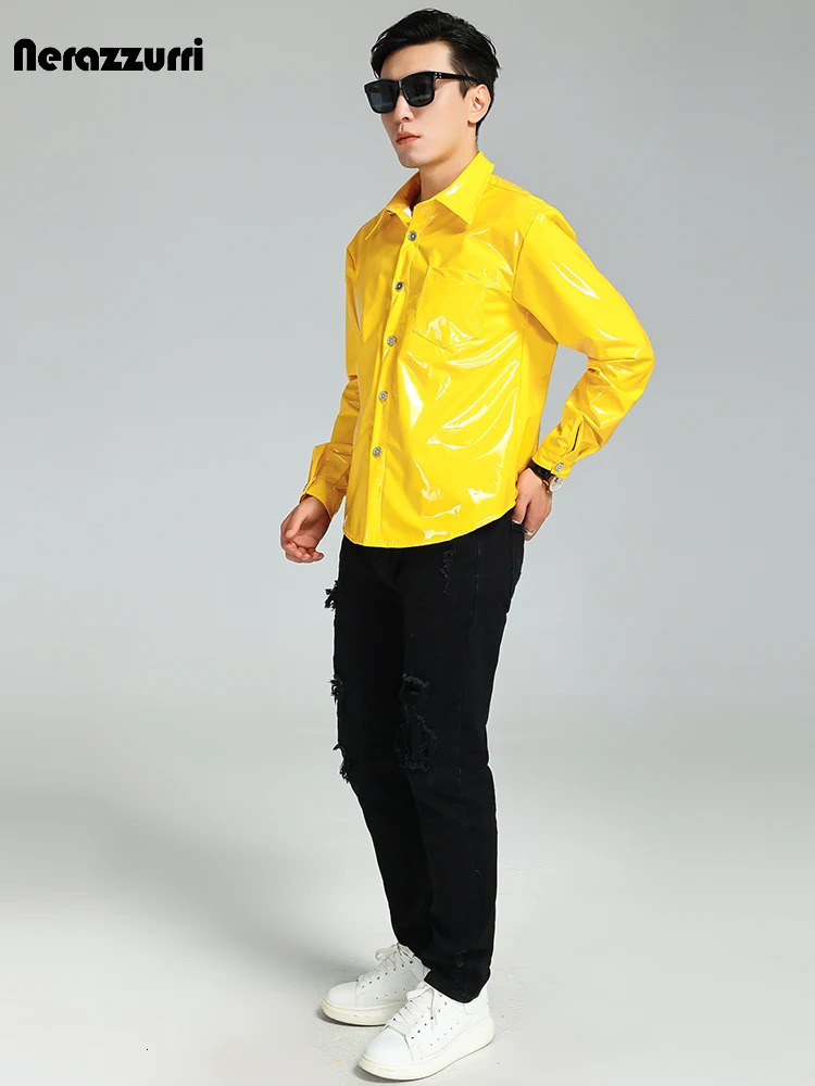 Mauroicardi Spring Autumn Cool Short Shiny Reflective Stretchy Fitted Patent Faux Leather Shirt Jacket Men Y2K Streetwear 240703