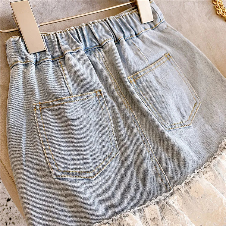 Summer Girls Skirts Jeans Baby Girl Sweet Lace Denim Skirt Fashion Kids Girls Party Skirt 2-14 Years Children Clothes 240703