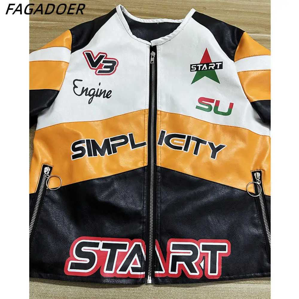 Women's Jackets FAGADOER Fashion Street Style Womens PU leather long sleeved zippered crop jacket Womens letter printed patchwork ultra-thin jack