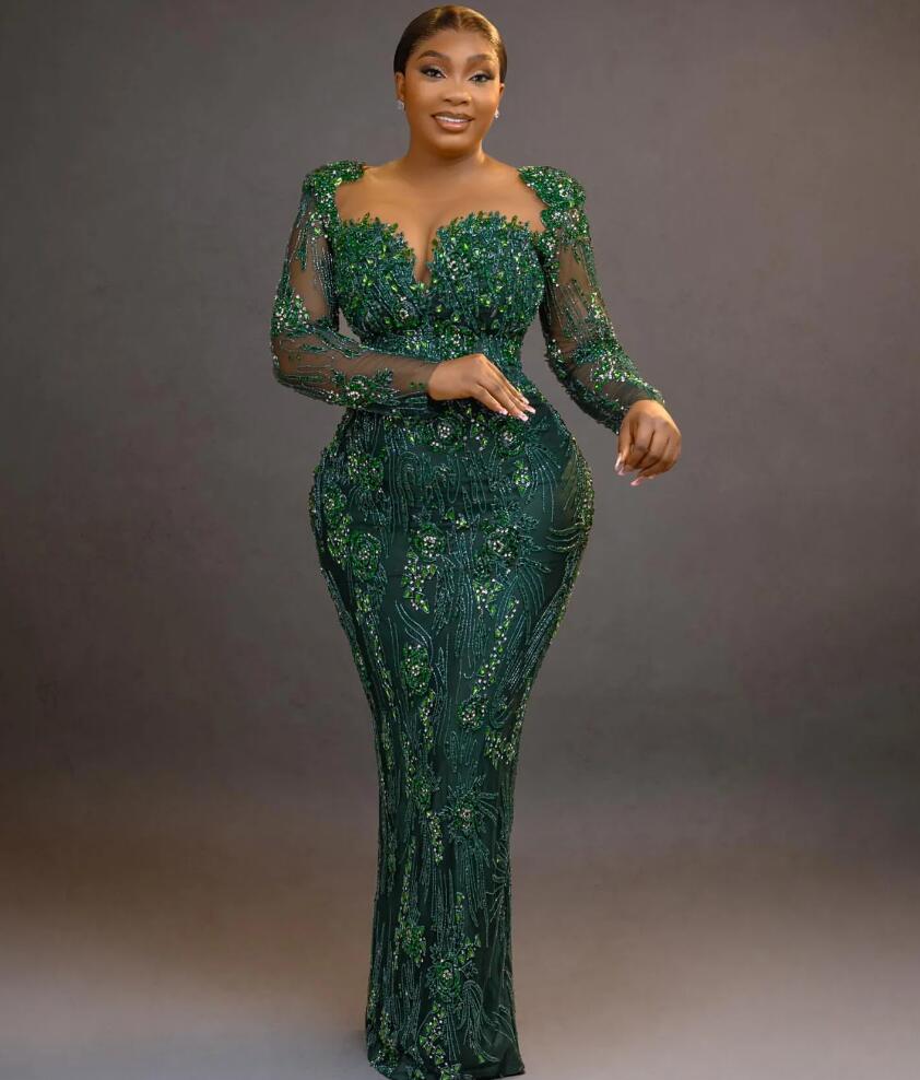 2024 Aso Ebi Dark Green Mermaid Prom Dress Crystals Beaded Lace Evening Formal Party Second Reception 50th Birthday Engagement Gowns Dresses Robe De S