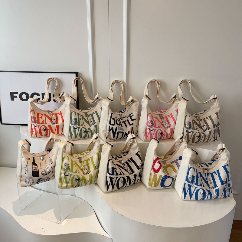 2024 Spring New Letter Printed Canvas Shoulder Bag Women's Colored Crossbody Bag Large Capacity Commuter Bag Fashion Cloth Bag H7.10#23.98