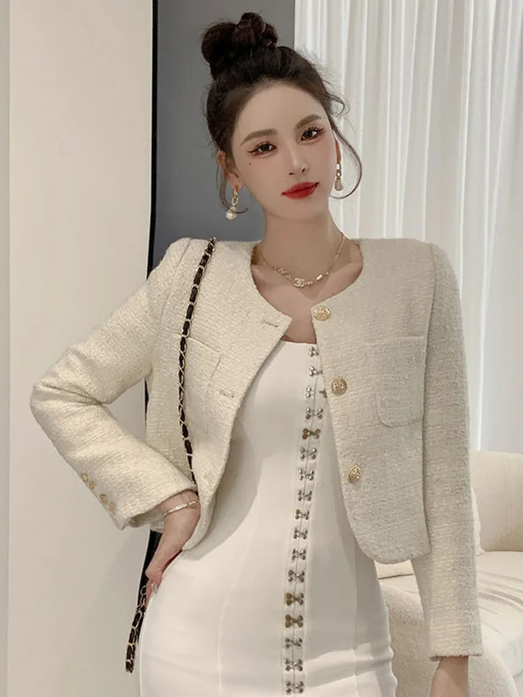 French Chic Small Fragrance Coat Women Autumn Winter Korean Fashion Casual Slim Tweed Jacket Female Woolen Short Outerwear Top 240701