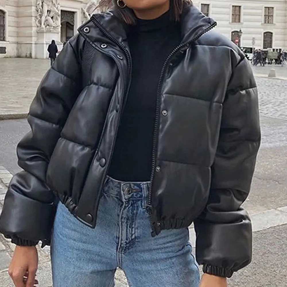 Women's Jackets Jocoo Jolee Winter Thick Warm Crop Inflatable Jacket Womens Black PU Leather Park Elegant Zipper Coat Cotton Padded Punk Coat J24