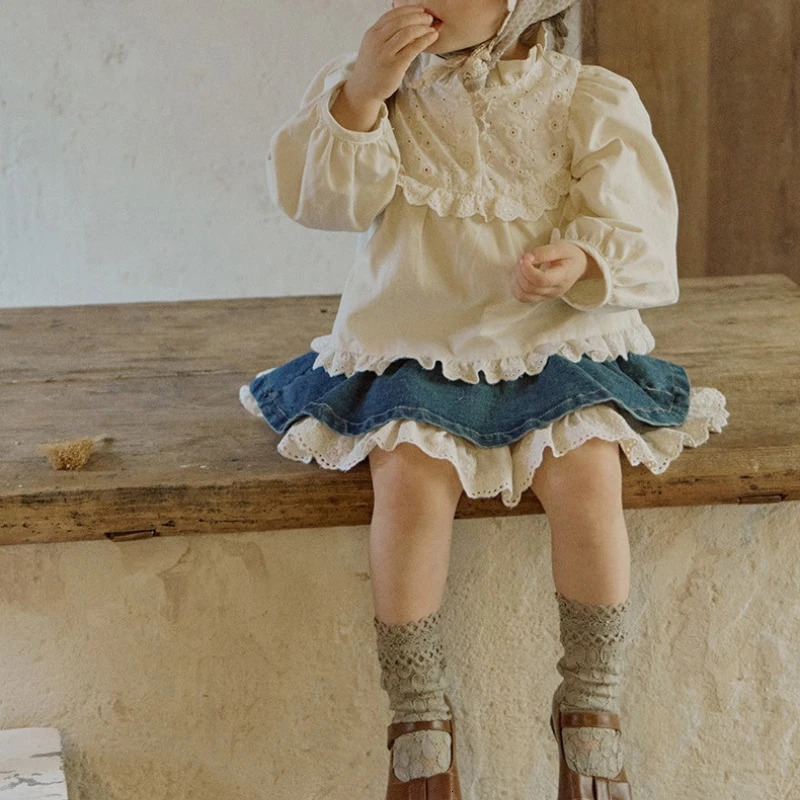 Korean Style Spring Autumn Kids Girl Skirt Lace Denim Patchwork Hollow Out High Waist Short Skirts Children Clothing H030 240703