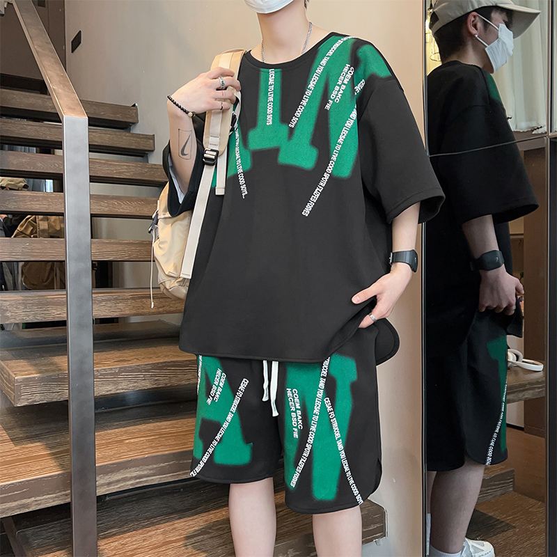 2024 Spring/Summer New Short sleeved Loose Casual Versatile Fashion Brand Letter Printing Thin Ice Silk Set Handsome F7.10#39