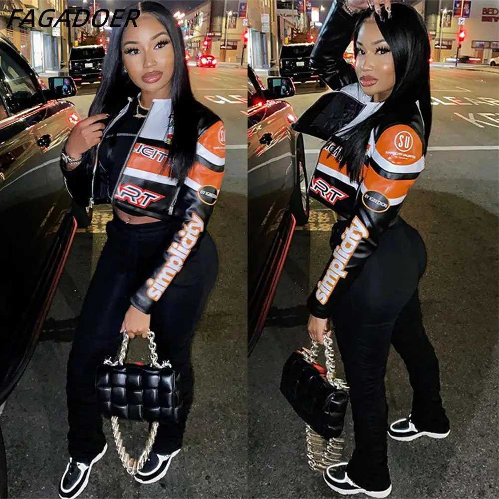 Women's Jackets FAGADOER Fashion Street Style Womens PU leather long sleeved zippered crop jacket Womens letter printed patchwork ultra-thin jack