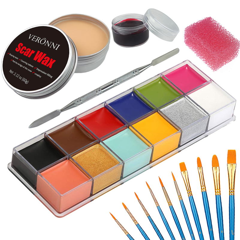 SFX Makeup Kit 12 Color Face Body Paint Oil Stage Special Effects Halloween Wound Scar Wax Makeup Fake Scab Blood Spatula Paint 240709