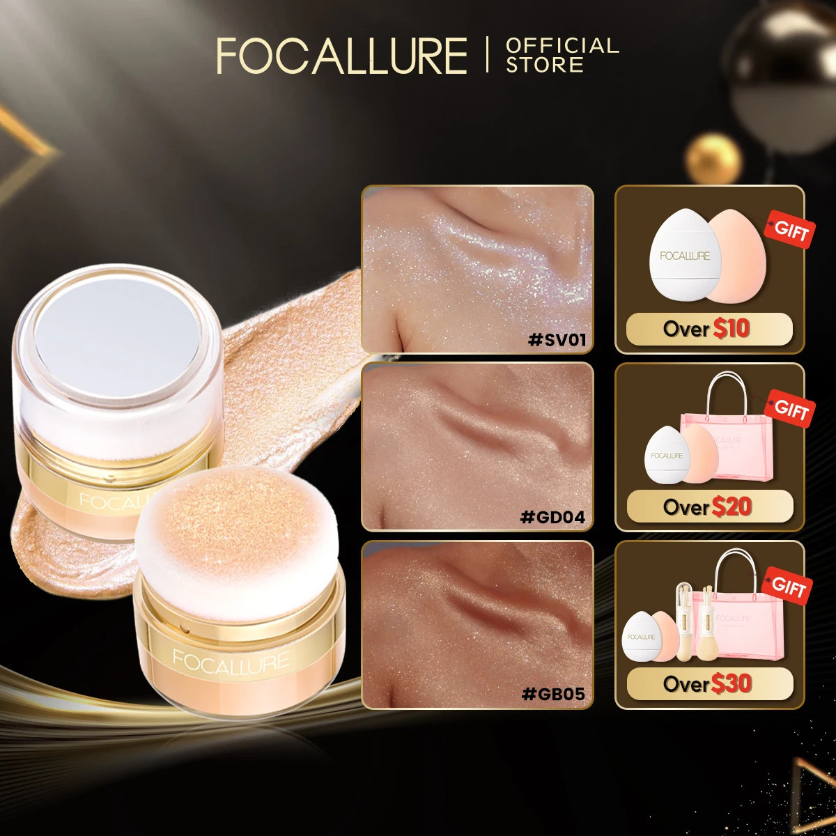 FOCALLURE Glitter Bronzers Highlighter Powder Palette Makeup Shimmer Face Contour Blusher Body Highlighter Cosmetics 240709