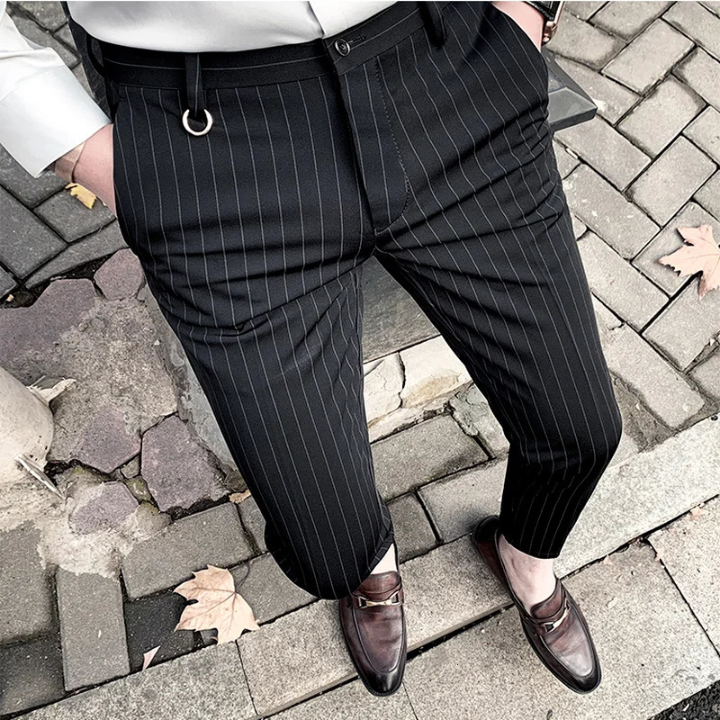 Men's Slim Fit Stretch Dress Pants - Black Striped Formal Ankle Trousers, Business Casual Boutique Style