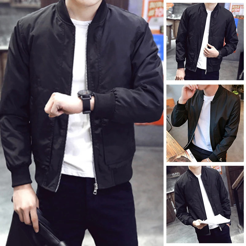 Mens Casual Black Thin Slim Fit Stand Collar Long Sleeved Round Neck Zip Up Jacket Coat Top Solid Business Fashion Men 240701