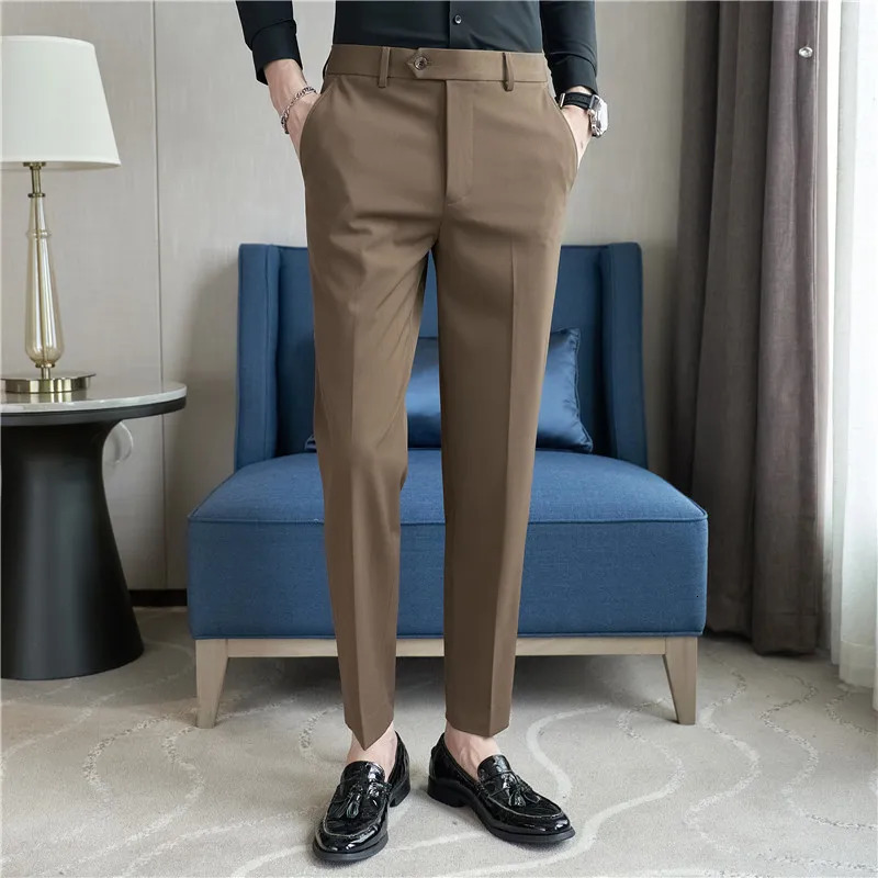 Autumn Men Blue Suit Pants Casual Elastic Slim Fit Formal Dress White Trousers Pantalon Homme Wedding Party Men Clothing 240708