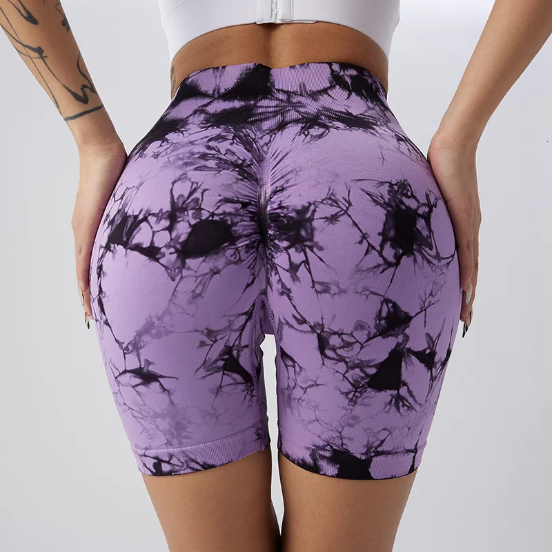 Seamless Tie Dye Bleach Butt Lift Sport Shorts For Women High Waist Summer Yoga Fitness Workout Cycling Biker Gym Shorts Mujer 240703