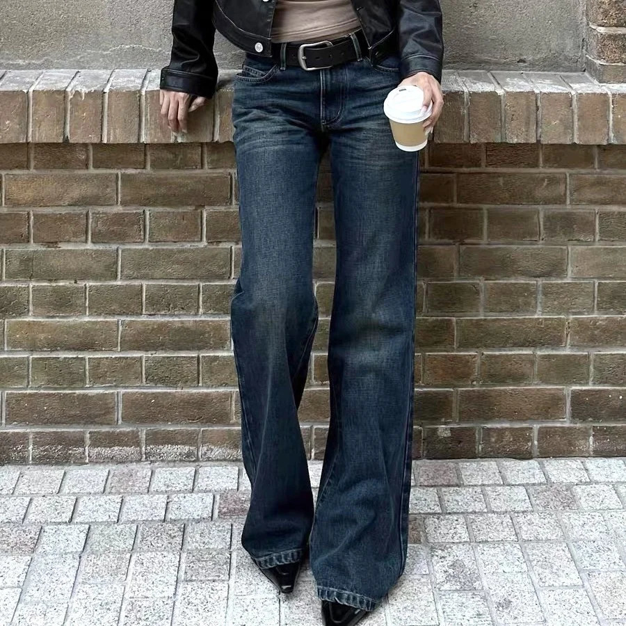 Classic Slim Fit Retro Wash Deep Blue Mid Low Waist Flared Jeans Long Pants Women 3043 240704