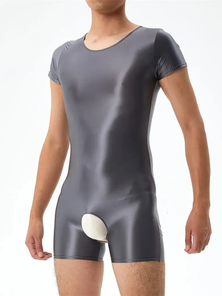Sexy Mens Open Crotch Bodysuit Short Sleeve Oil Shiny Glossy Tights High Elastic Man Clothing Shapers Exotic Leotard 240703