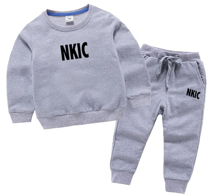 Kids Autumn Spring Casual Brand Tracksuits Boys Girls Outfits 2pcs Pullover 100% Cotton Gray Hoodie Pants Suits Children Clothes Sets 2-13 Years