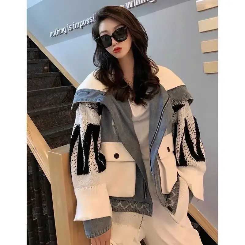 Women's Jackets Womens knitted patchwork denim jacket autumn/winter sailor collar zipper jeans sweater patchwork jacket open pocket J240708