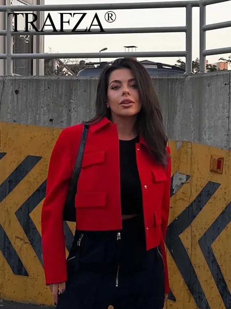 Women's Jackets TRAFZA 2024 Spring New Womens Short Coat Elegant Solid Long Sleeve Front Flap Pocket Womens Jacket J240708