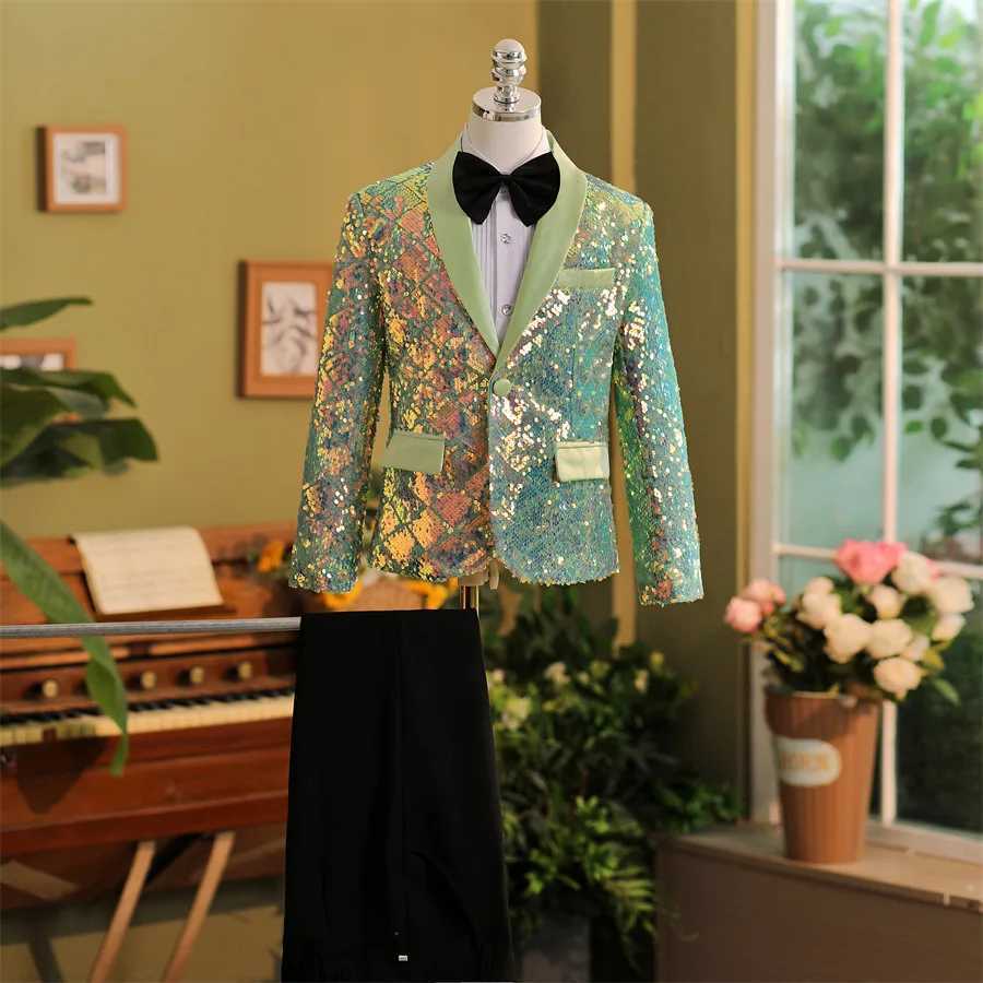 Suits Boys High End Formal Sequins Suit Childrens Korean Host Dress Catwalk Party Photogray Costume Kids Green Jackets