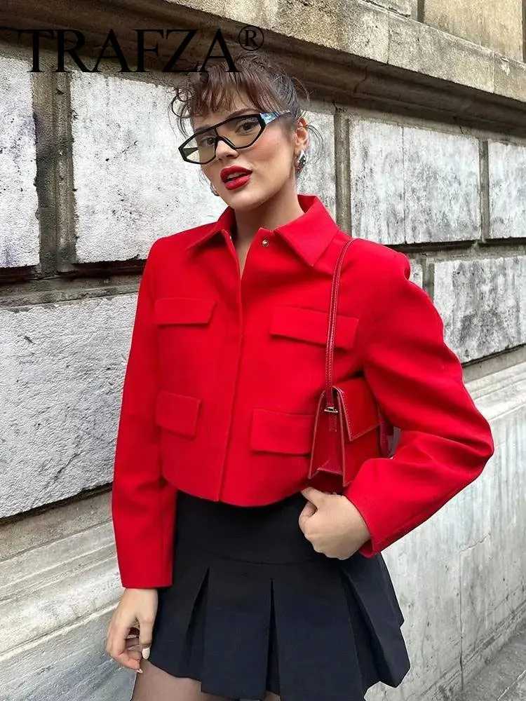 Women's Jackets TRAFZA 2024 Spring New Womens Short Coat Elegant Solid Long Sleeve Front Flap Pocket Womens Jacket J240708