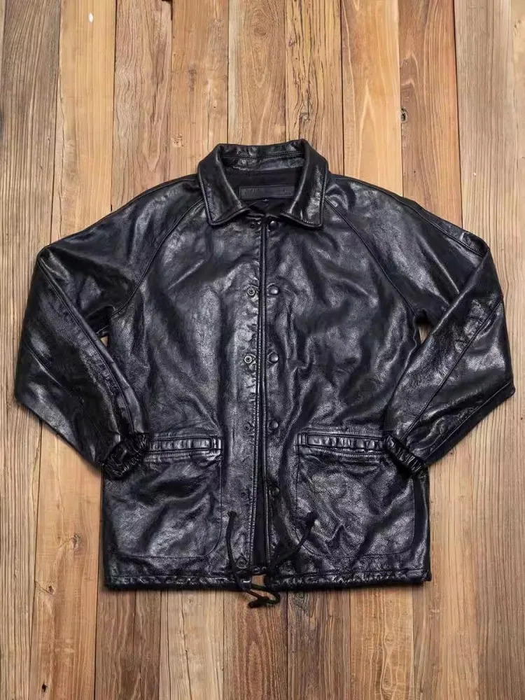 Vintage Mens Genuine Leather Jacket Single Breasted Straight Casual Outerwear Punk Motorcycle Coat Men Loose Fit Cowskin Jackets 240703