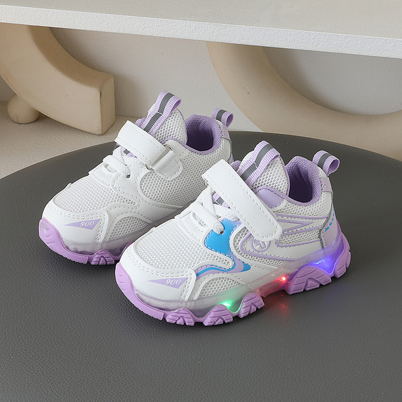 Children's Light up Sports 2024 New Double Mesh Breathable Men's Running Anti slip Soft Sole Girls' Casual Shoes F710-32
