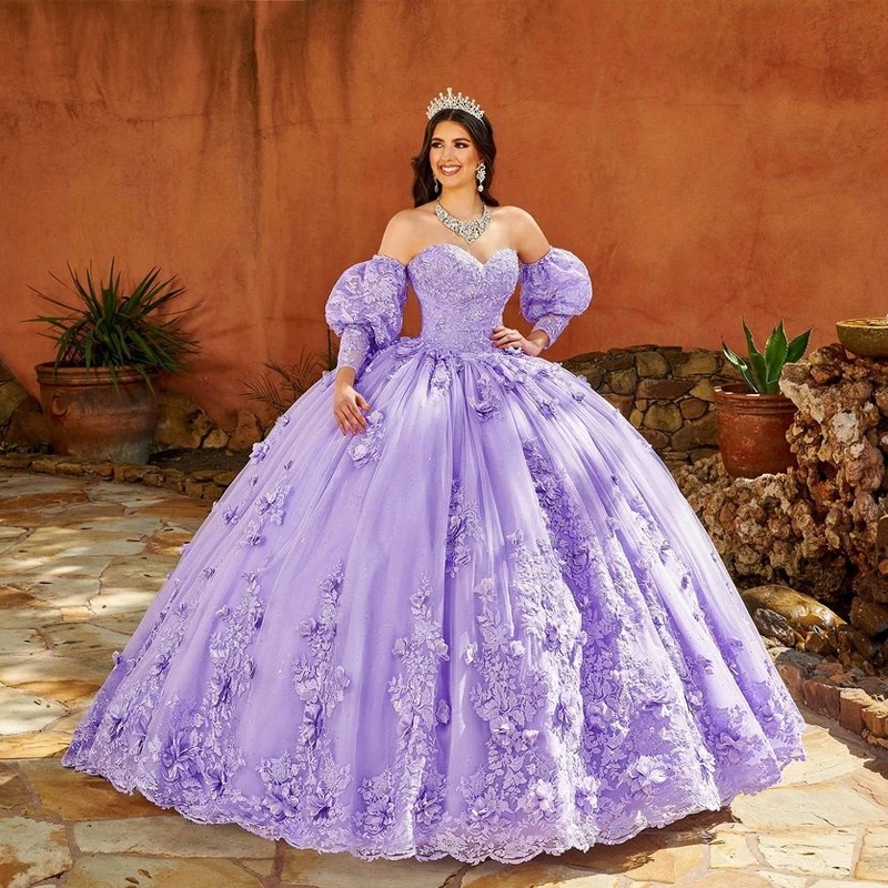 Lavender Sweetheart puff Sleeves Quinceanera Dresses Lace Appliques Tull Birthday Party Ball Gown Princess Sweet 16 Vestido 15 De