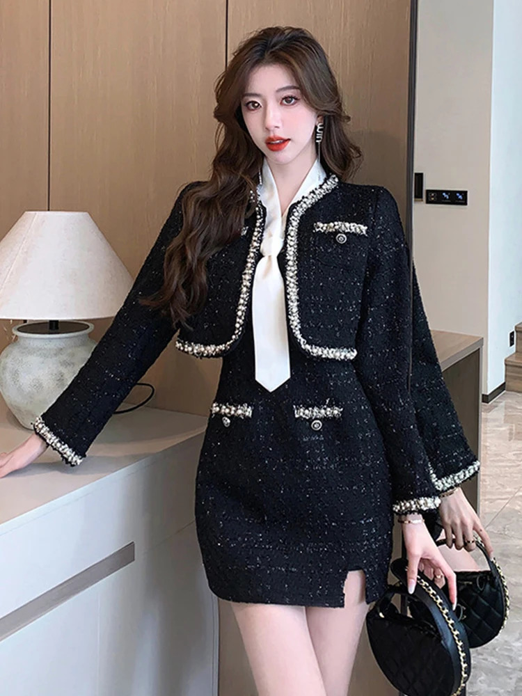 Fashion Ladies Vintage Black Tweed 2 Pieces Outfits Women Clothing Coat Tops Jacket Outwear And Sexy Strap Mini Dress Short Set 240708