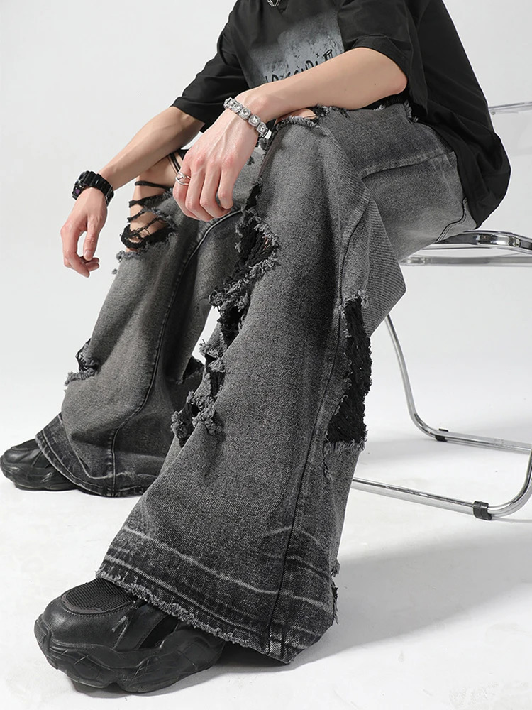 Vintage Y2K Ripped Jeans Men Streetwear Spring Summer Fashion Loose Straight Denim Pants Mens Trendy Hollow Out Wide Leg Jeans 240704