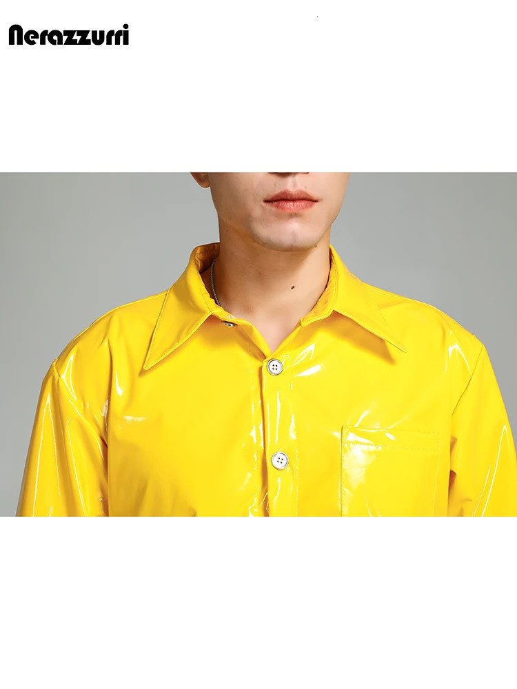 Mauroicardi Spring Autumn Cool Short Shiny Reflective Stretchy Fitted Patent Faux Leather Shirt Jacket Men Y2K Streetwear 240703