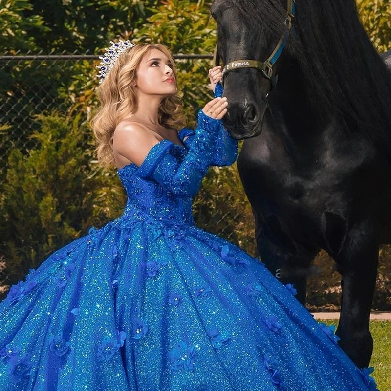 Naroyal Blue Quinceanera Dresses for Sweet 15 Year Off the Shoulder Long Sleeve 3D Flower Appliques Beading Princess Ball Gown