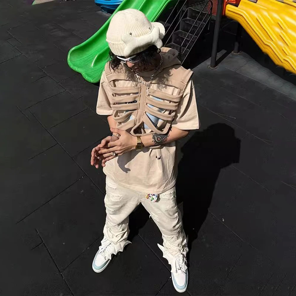 Autumn Mens Street Distressed Printed Skeleton Hollow Hooded Vest Thin Line Special-Shaped American Y2K Unisex Jacket 240704