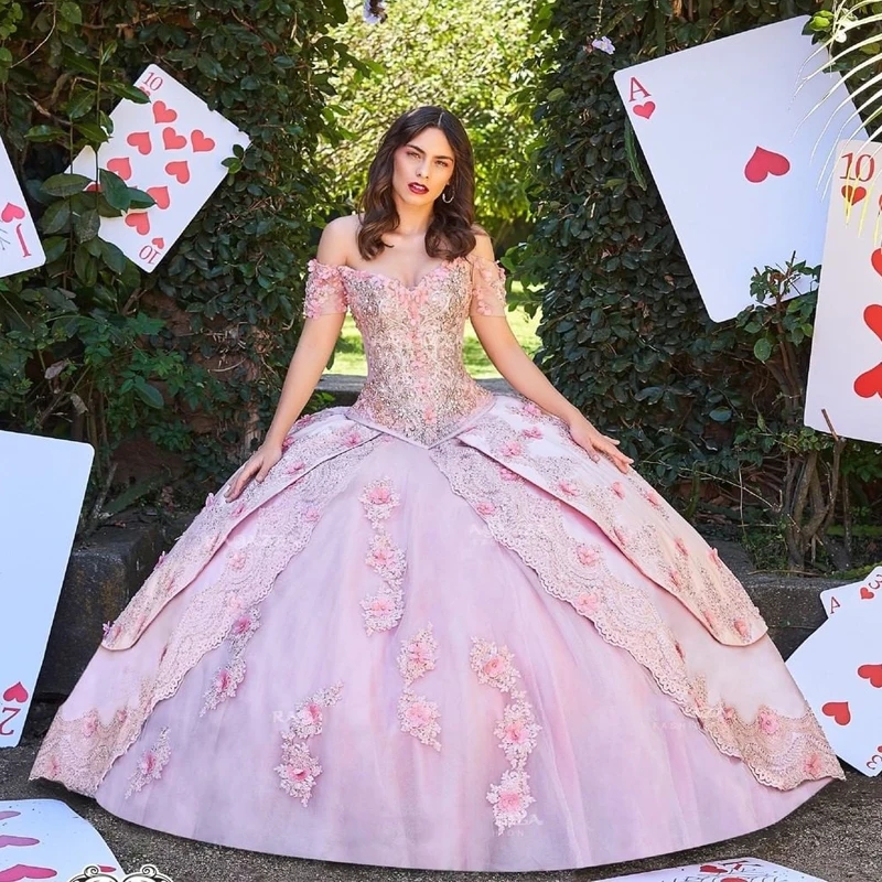 Pink Cinderella Quinceanera Dresses Ball Gown Applique Beading 3D Flower Party Gowns Vestido 15 De Festa Sweet 16 Dress