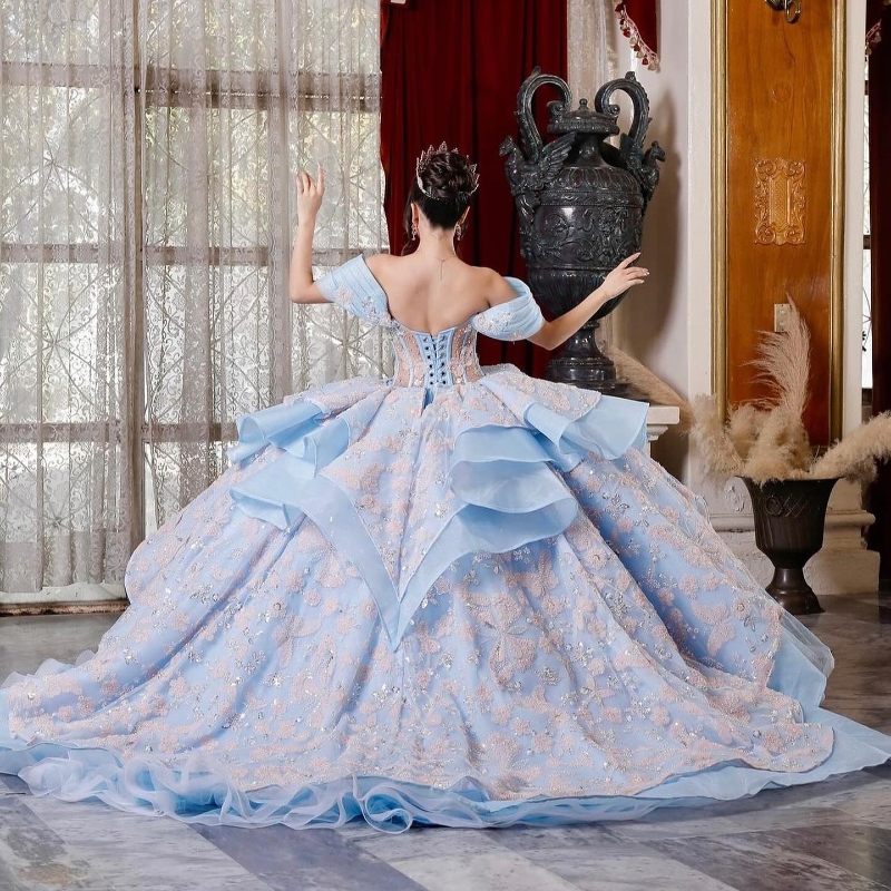 Princess Ball Gown Quinceanera Dresses 2024 Off Shoulder Appliques Bow Crystal Tull Vestido De 15 Anos 16th Prom Party