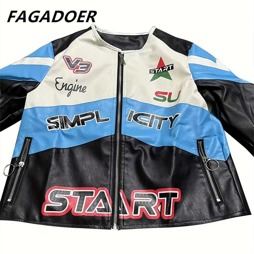 Women's Jackets FAGADOER Fashion Street Style Womens PU leather long sleeved zippered crop jacket Womens letter printed patchwork ultra-thin jack