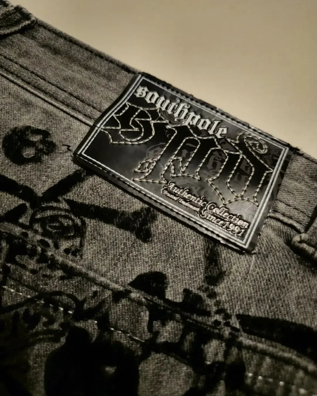 American Harajuku retro skull print straight high waist Y2K womens washed grey jeans Streetwear Gothic wide trousers 240708