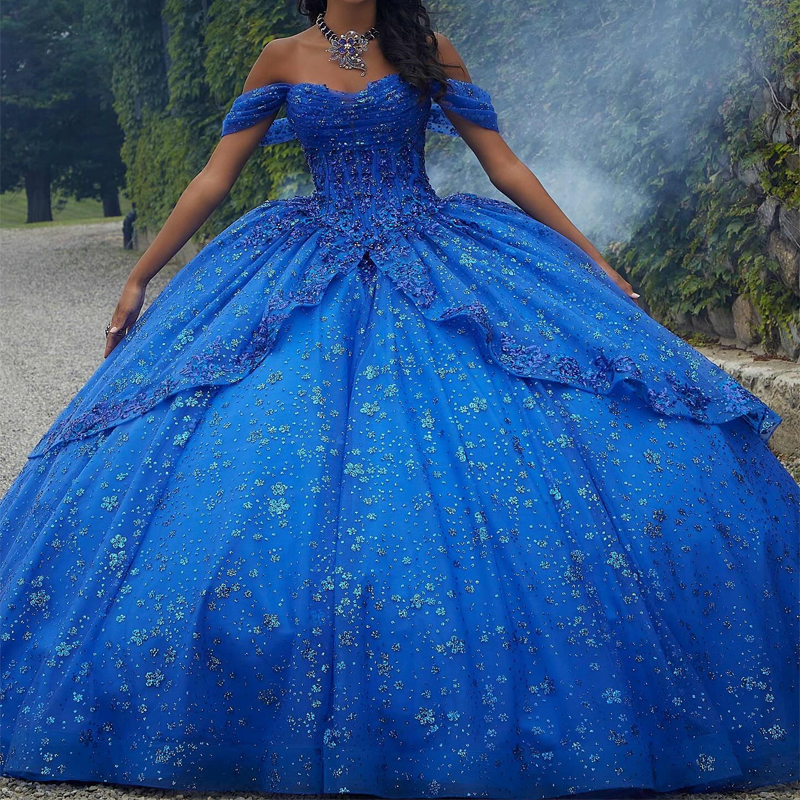 Royal Blue Shiny Quinceanera Dresses 2024 Beaded Sequined Lace Appliques Sweet 16 Dress Ball Gown vestidos de 15 anos