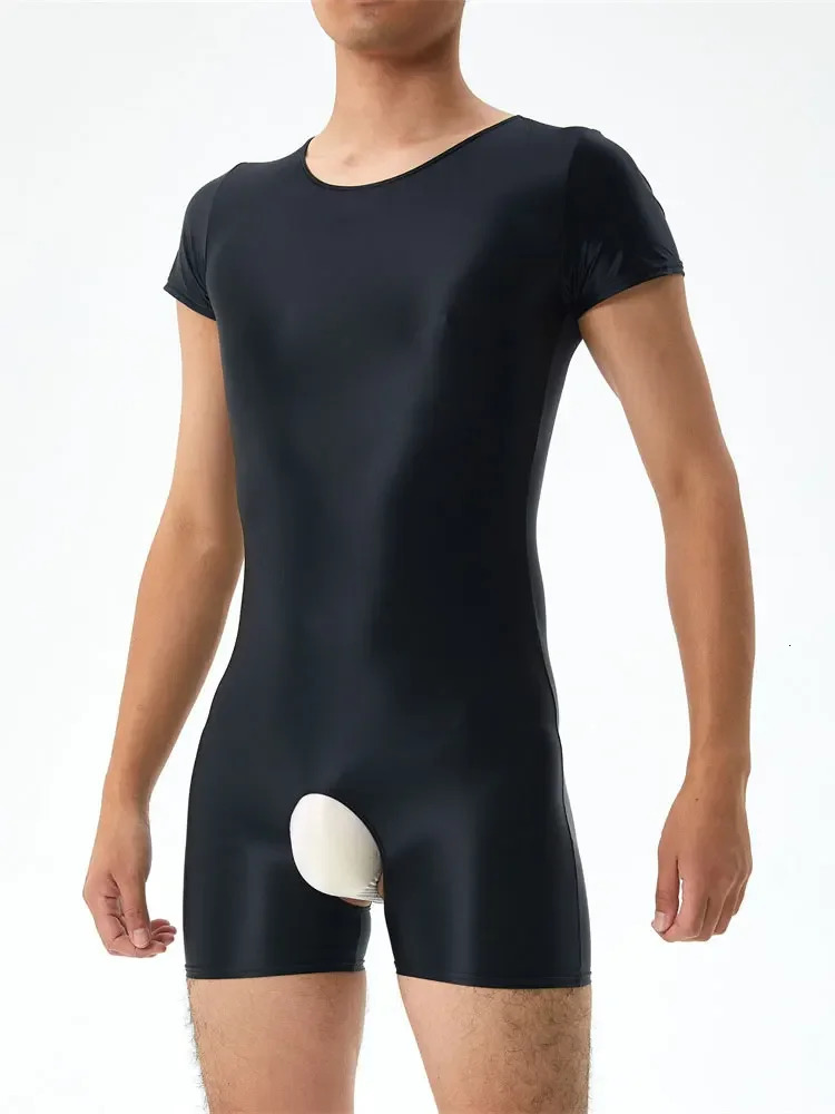Sexy Mens Open Crotch Bodysuit Short Sleeve Oil Shiny Glossy Tights High Elastic Man Clothing Shapers Exotic Leotard 240703