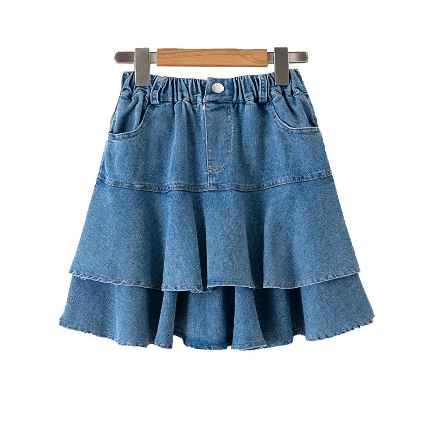 Girls Denim Skirt Summer Korean Style Ruffled Tiered Skirt for Kids Cotton All-match 4-12 Years Teen School Children Short Skirt 240703