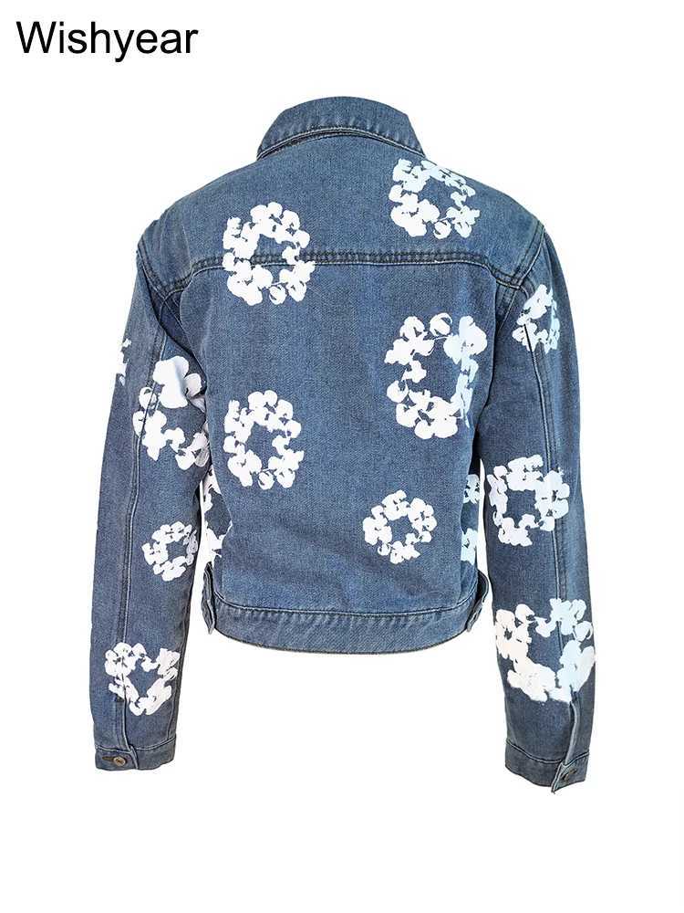 Women's Jackets Womens fashion lapel long sleeved single breathing denim jacket street clothing printed denim jacket club top jacket J240708