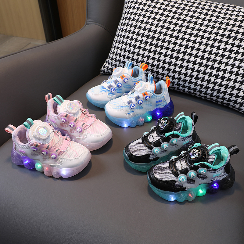 Rotating buckle children's sports boys, girls, breathable mesh for middle and young children, running shoes, illuminated shoes F710-35