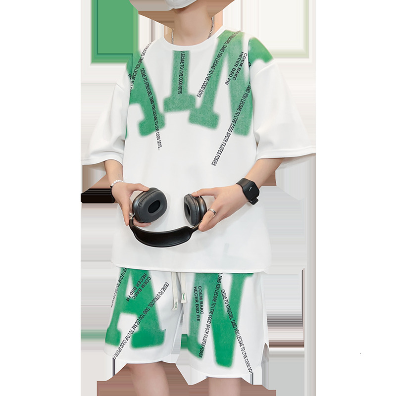 2024 Spring/Summer New Short sleeved Loose Casual Versatile Fashion Brand Letter Printing Thin Ice Silk Set Handsome F7.10#39