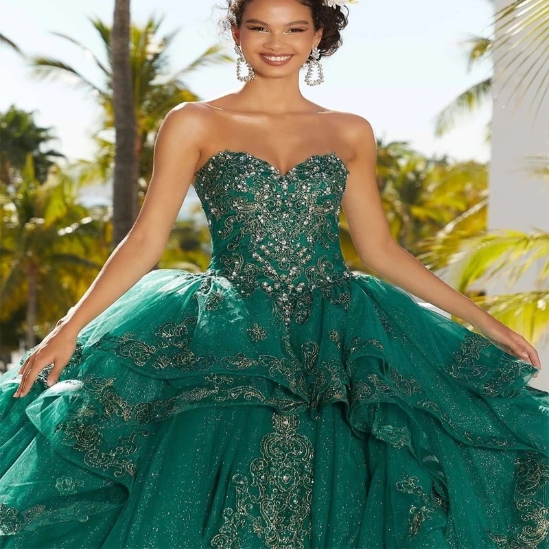 Emerald green Ball Gown Quinceanera Dresses Applique Lace Prom Graduation Gowns Lace Up Corset Princess Sweet 15 16 Dress