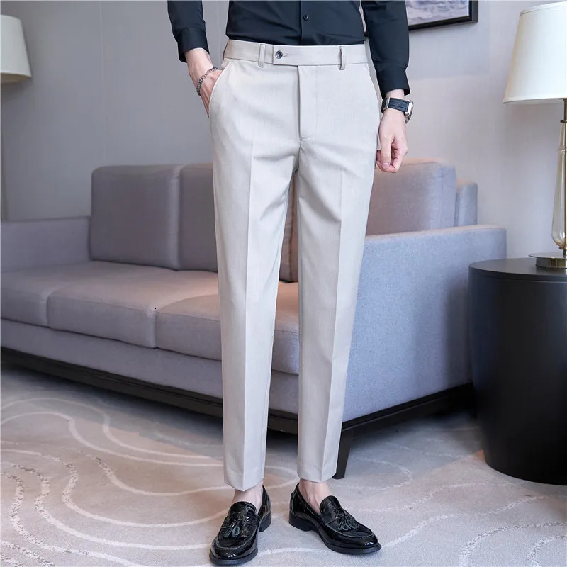 Autumn Men Blue Suit Pants Casual Elastic Slim Fit Formal Dress White Trousers Pantalon Homme Wedding Party Men Clothing 240708