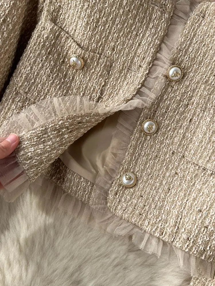 Autumn Spaghetti Strap Woolen Patchwork Mesh Tulles Midi Dress Short Tweed Jacket Coat For Women 2 Pieces Set Outfits 240708