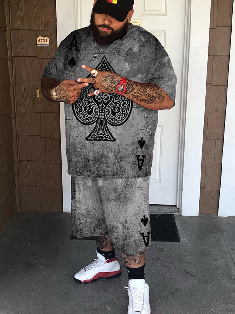 ZOOY L-9XL Mens Plus Size Personality Graffiti Cartoon Hip Hop Abstract Poker Street Short Sleeve T-Shirt Shorts Set 240701