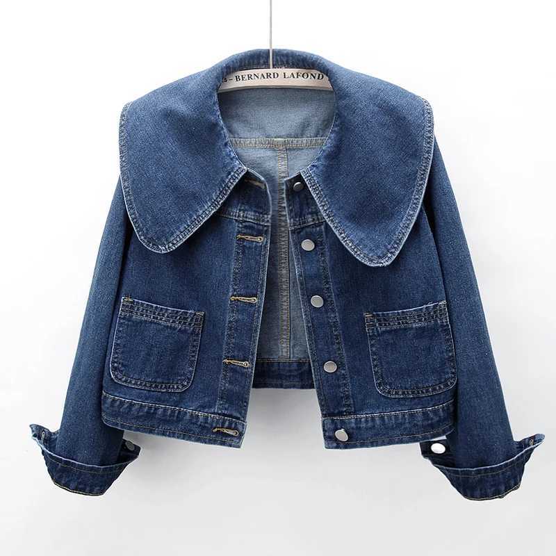 Women's Jackets Peter Pan collar denim womens jacket Korean fashion long sleeved button up denim jacket retro crop womens casual loose fitting ja