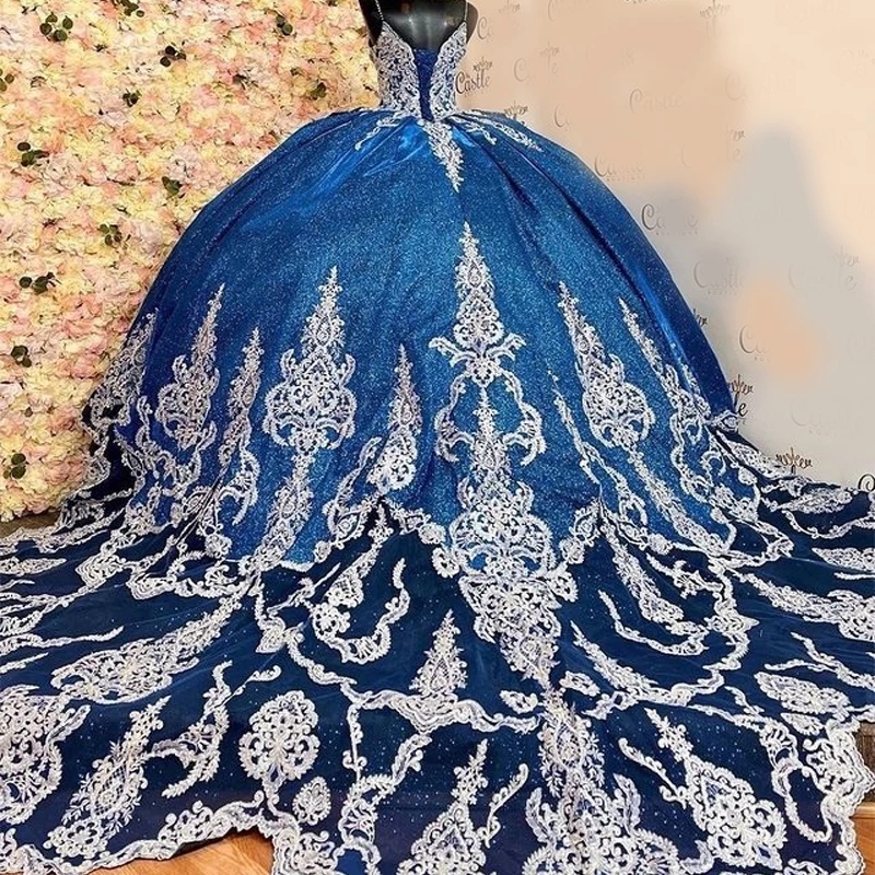 Blue V-Neck Princess Quinceanera Dresses 2025 Floral Applique Gillter Sequins Lace-up Corset Prom Sweety 15 xvideo 16 anos