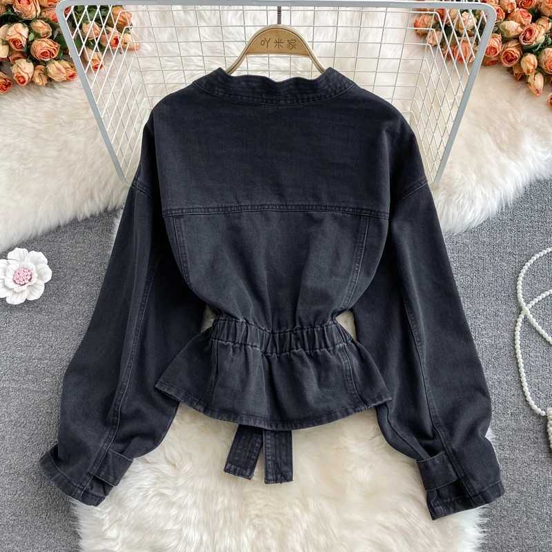 Women's Jackets Vintage Pearl Black Denim Coat Womens Autumn Elastic Waist V-neck Long sleeved Korean Irregular Hem Shorts jacket J240708