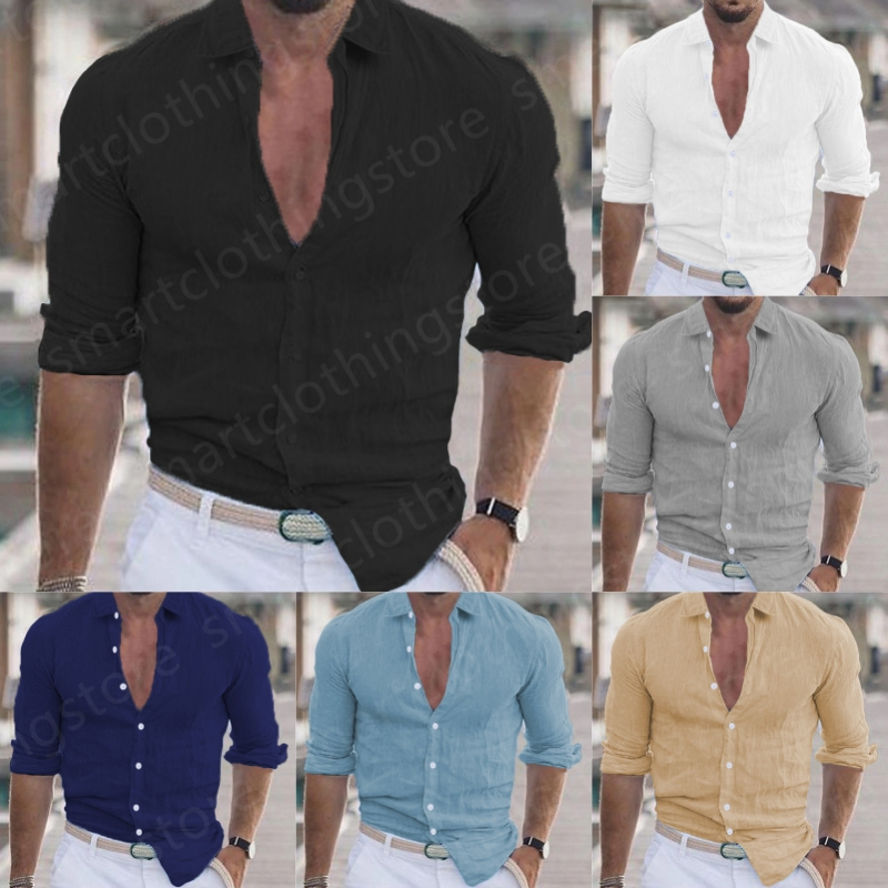 Mens Casual Shirts Long Sleeve black Shirt Solid Color Cotton Linen Shirts Tops Plus Size Shirts for Men Social beach clothes Summer Turn Down Collar